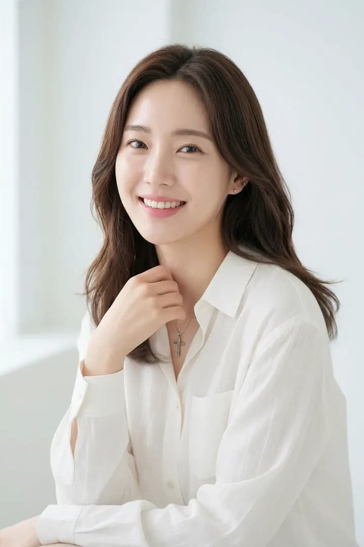 착용샷 예시: 화이트 린넨 셔츠, 십자가 목걸이