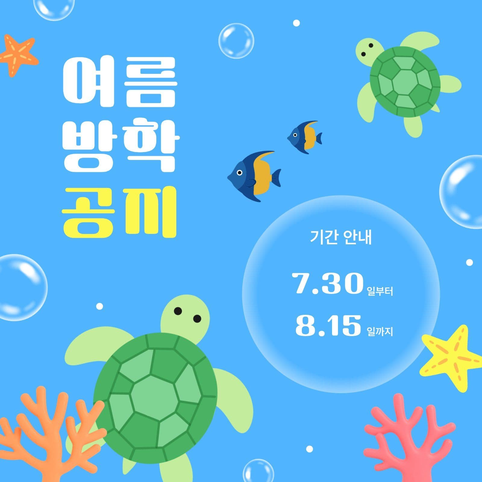 바닷속 거북이 여름 방학 안내문