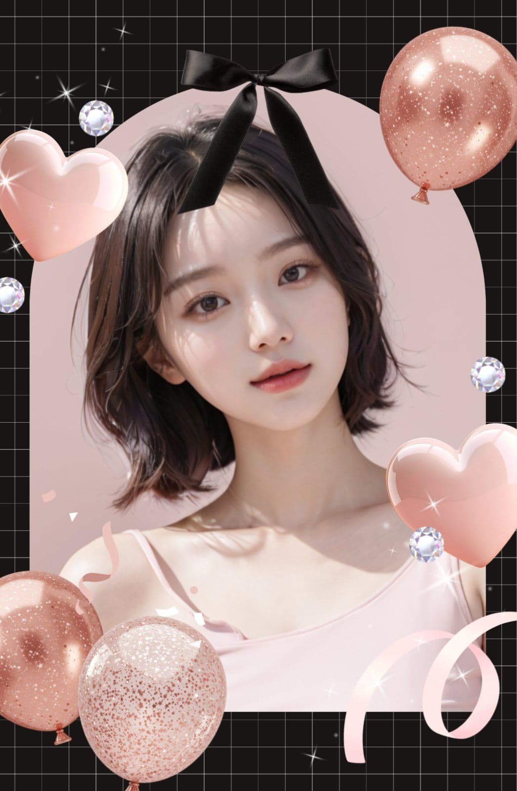 검정 분홍 하트 리본 풍선 포토프레임