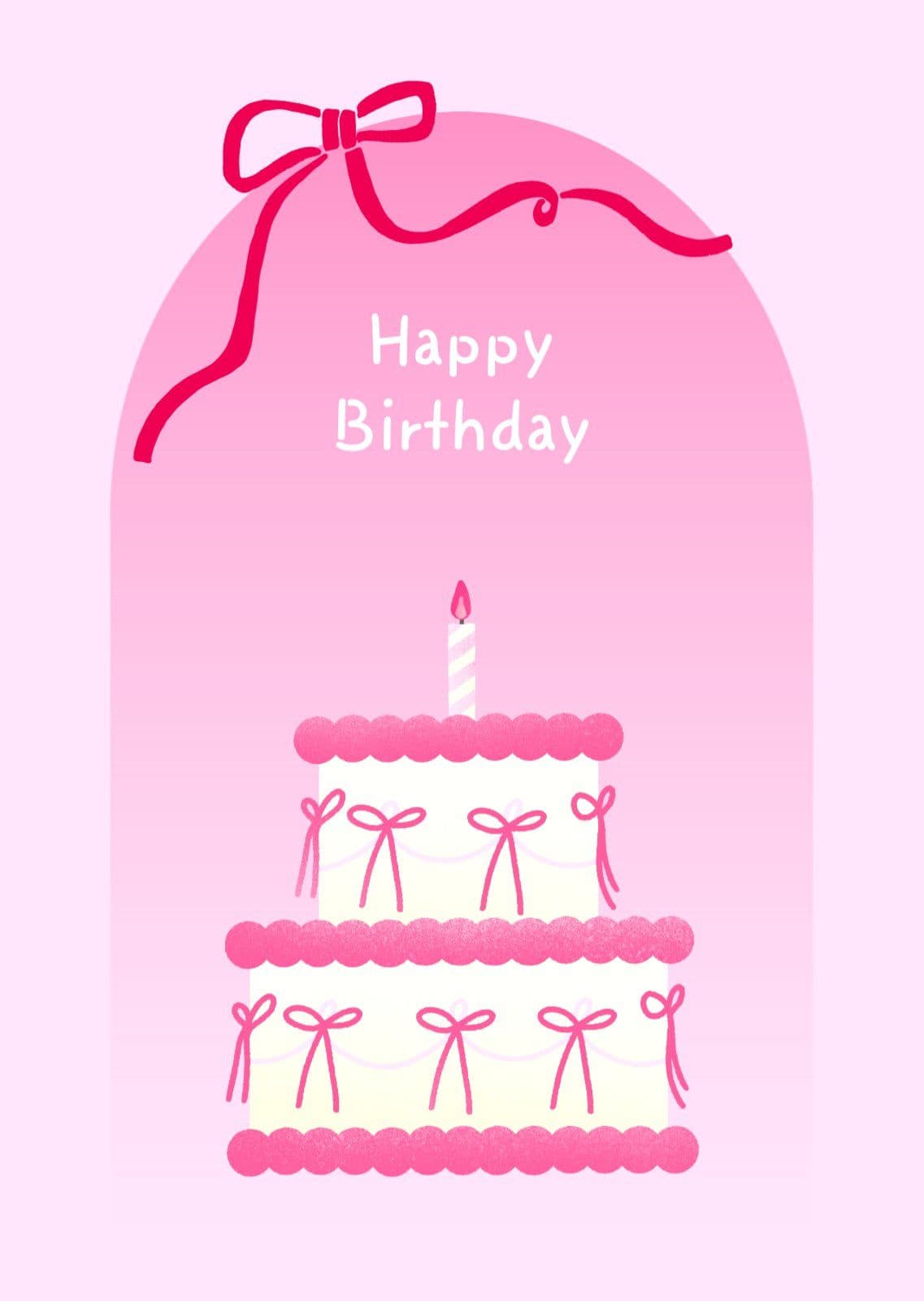 핑크색 리본 생일 축하 엽서 카드