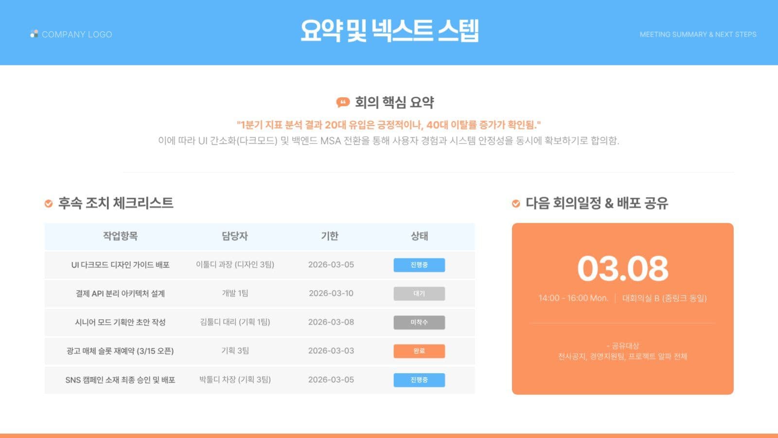 파랑 주황 깔끔한 비즈니스 회의록 