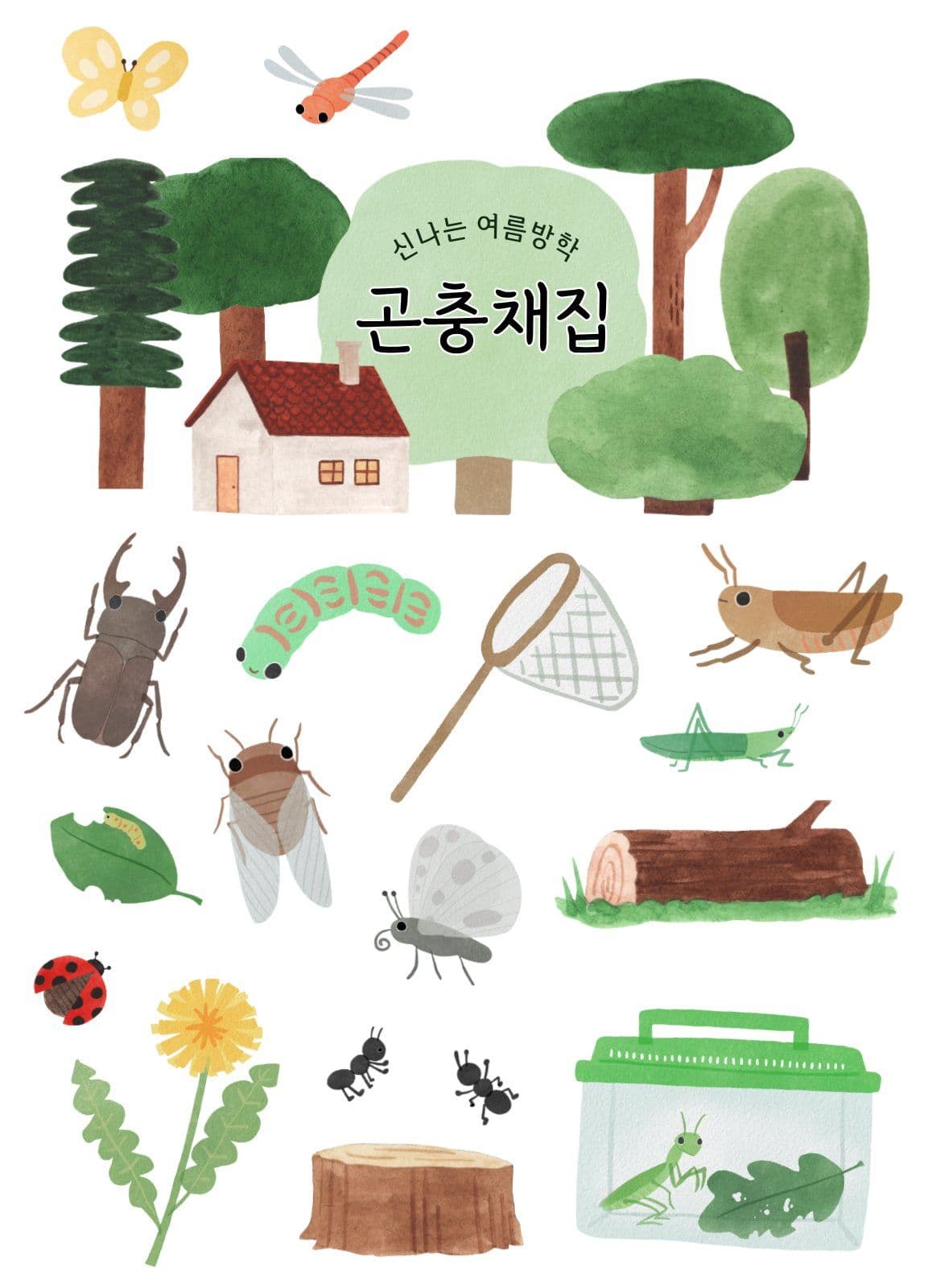여름방학 곤충채집 수채화 일러스트