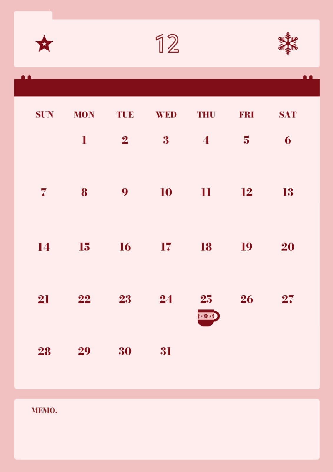 핑크레드 심플 12월 달력 