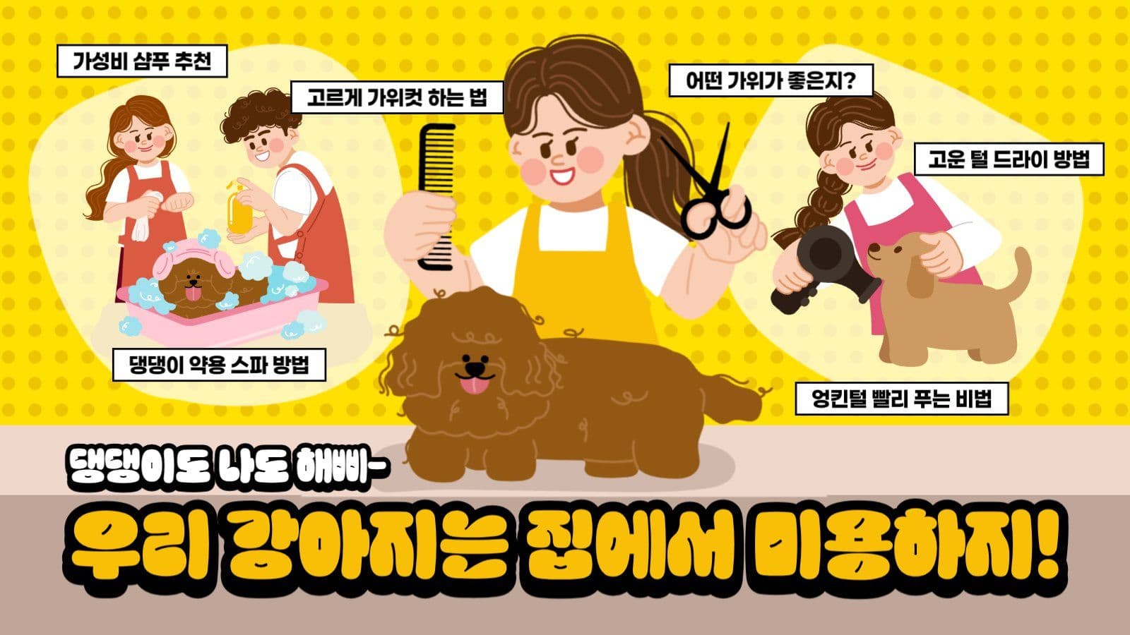 노랑 강아지 귀여운 강아지 셀프 미용