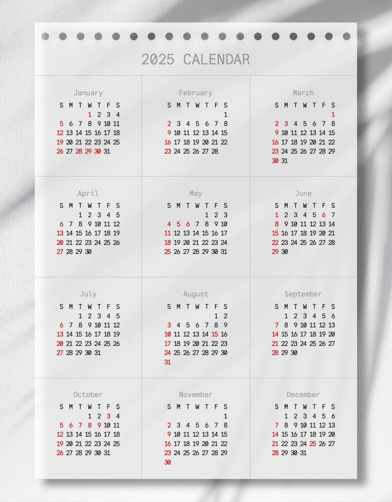 2025년 한 장 달력 속지  굿노트