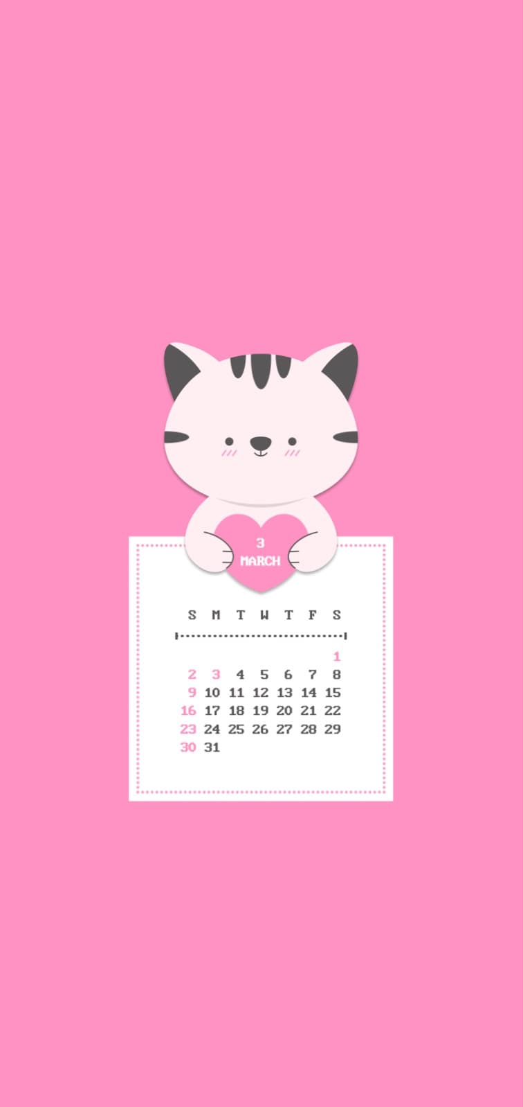 고양이 하트 3월 달력 핑크 배경화면