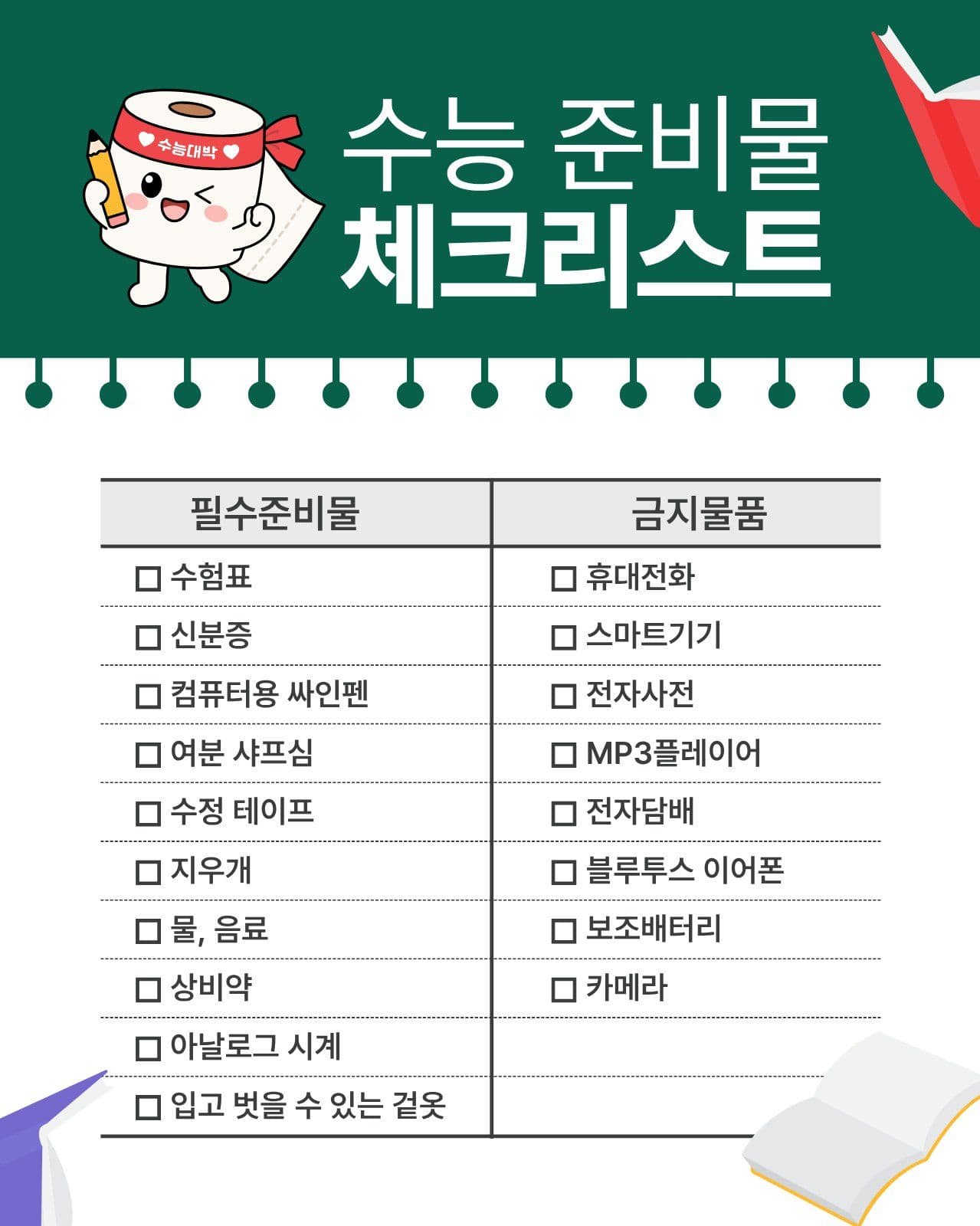 수능 준비물 체크리스트 수험생